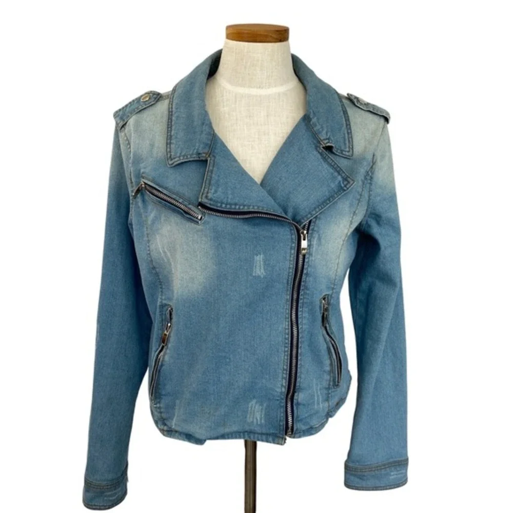 Ashley Vintage Charm Y2K Bikercore Moto Denim Jacket Women L‎ Blue Grunge